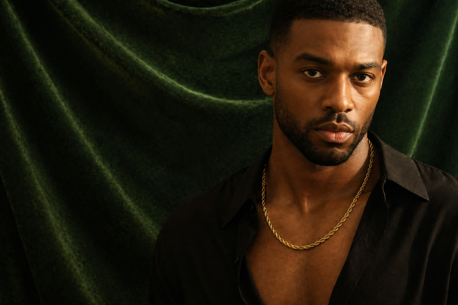 A man in a black open-collar shirt wearing a heavy gold rope chain, photographed against deep forest-green velvet — a frame from a Jewelry Aura custom commission.